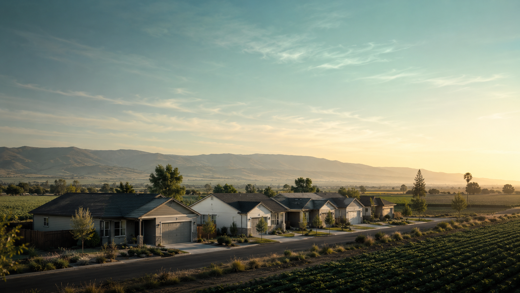 New attainable single-family homes in California's Central Valley at golden hour